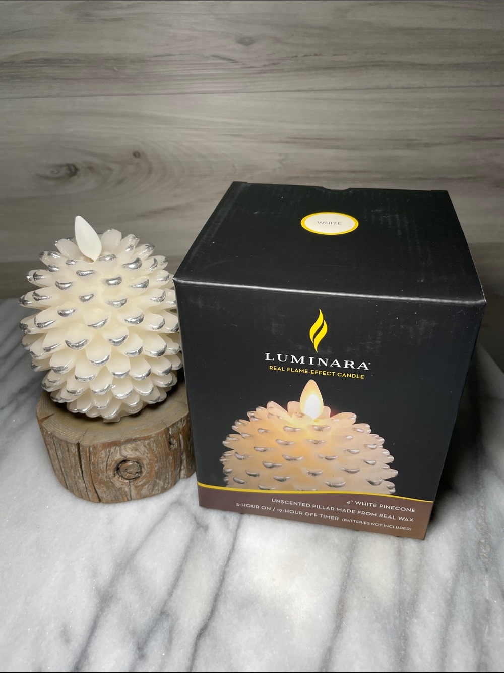 NIB- Luminara Real Wax Flameless LED White with Silver Tips Pinecone Candle